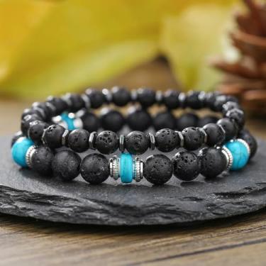 Imagem de Pulseira masculina retrô turquesa com contas de pedra vulcânica design simples pulseira empilhável de camada dupla