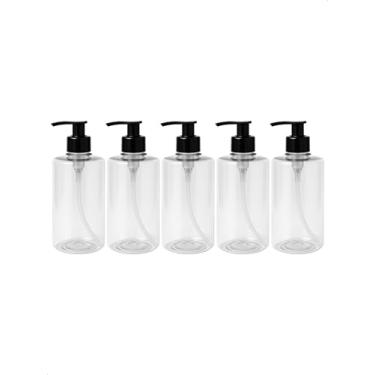 Imagem de Kit 5 Saboneteira Pump Preta Refil Frasco Cilindrico 300ml Creme Shampoo Sabão Liquido Sabonete