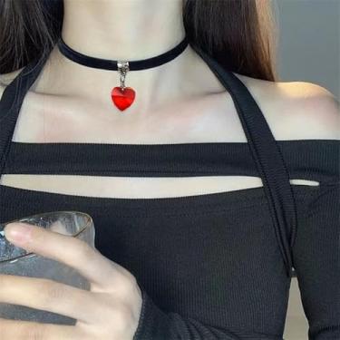 Imagem de Colar gargantilha de Halloween para mulheres, colar de coração de amor, gótico de veludo, colar de cristal de coração vermelho, preto, colar estético de Natal, fantasias de Halloween, decorações