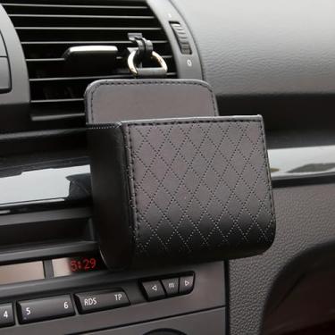 Imagem de Caixa organizadora de carro, saída de ar, painel de instrumentos para pendurar em couro sintético PU, suporte universal para celular de carro em acessórios interiores de automóveis, preto