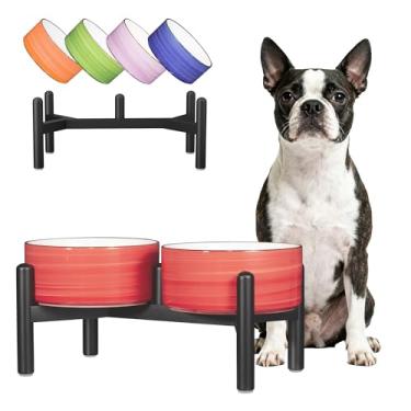 Imagem de Conjunto de tigelas elevadas de cerâmica para cães - Estação de alimentação para cães com tigelas duplas coloridas para raças pequenas e médias - Prato elevado antiderrapante para alimentação com