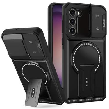 Imagem de Capa para Samsung Galaxy S23 com capa para câmera, capa magnética para celular com suporte, capa resistente à prova de choque com suporte, carteira embutida para cartão para Samsung S23 5G preta
