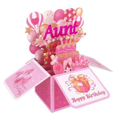 Imagem de Cartão Aniversário Pop-Up 3D para Tia, Lindo Cartão Pop-Up de Feliz Aniversário com Balão Champanhe Bolo Padrões 3D para Tia Mulheres Presente Engraçado(Rosa)