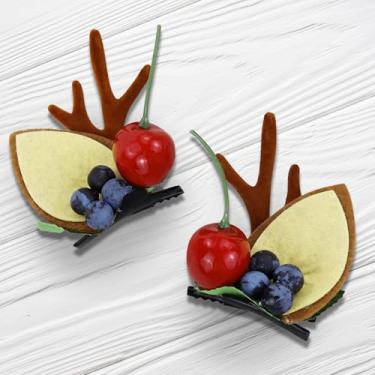 Imagem de 1 par de grampos de cabelo de Natal para mulheres, lindos chifres de rena 3D com cerejas e mirtilos, acessórios de cabelo de Natal para festas, reuniões de férias e cabines fotográficas (café)