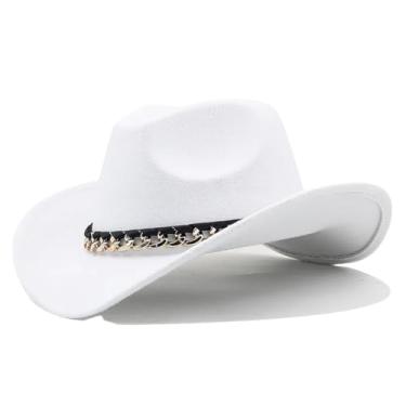 Imagem de Chapéu Fedora feminino masculino chapéu de sol chapéu de cowboy decoração corrente aba larga boné de feltro jazz 09 branco feminino (56-58 cm)