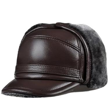 Imagem de Chapéu bomber masculino de inverno quente de couro genuíno pele sintética interior tamanho ultra grande bonés café 61 62 cm
