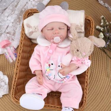Imagem de Bebê Reborn Boneca Menina Dormindo Coelho Realista Pintado Corpo de Silicone 48cm Com Acessórios Original (Menina Coelho Rosa)