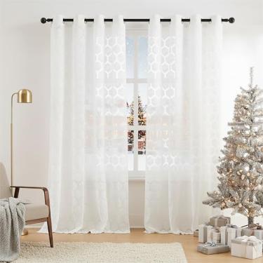 Imagem de Cortinas transparentes de renda branca de 224 cm de comprimento com padrão geométrico bordado cortinas de janela para sala de estar quarto elegante painéis de renda transparente cortinas de filtragem