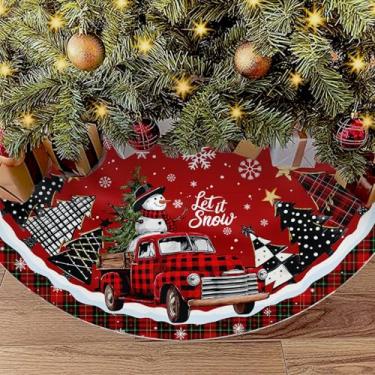 Imagem de Saia de árvore de Natal de 91 cm, saia de árvore de Natal de caminhão vermelho com xadrez de búfalo vermelho, decoração de tapete de árvore de Natal de inverno para casa, festa, férias, ambientes