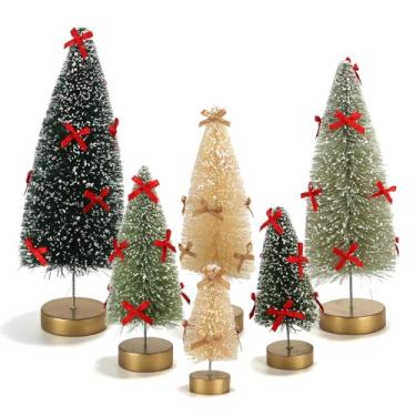 Imagem de Conjunto de 6 mini pincéis de Natal para garrafas – Árvores de mesa foscas com ornamentos vermelhos e dourados para bandeja em camadas, prateleira, cornija, cafeteria e decoração de mesa de Natal