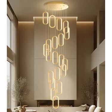 Imagem de Lustre moderno de 20 anéis, lustre glamoroso, regulável para escadas, entrada de escadas, lustres de teto para hall de entrada, sala de estar, dourado