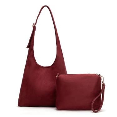 Imagem de Montana West Hobo Bolsa feminina ultramacia, dobrável, dobrável, com bolsa de cosméticos, Camurça bordô, 11.5" x 4.5" x 9.5" with 16.5" drop