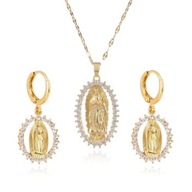 Imagem de MALOYANVE Conjunto de colar de brincos de Virgem Maria para mulheres, elegante, banhado a ouro, conjunto de joias religiosas com strass cintilantes, ideal para uso diário e confirmação de fé
