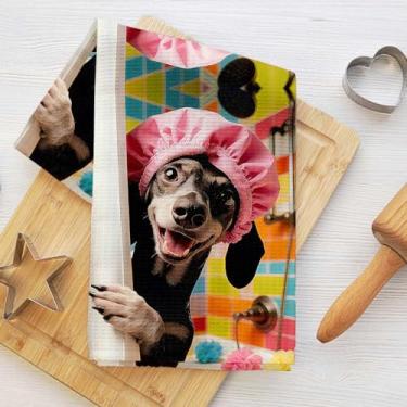 Imagem de Toalhas de cozinha engraçadas para cachorro e touca de banho rosa, toalha de prato decorativa de microfibra absorvente, toalhas de mão de waffle para cozinha, casa, banheiro, presentes para amantes de