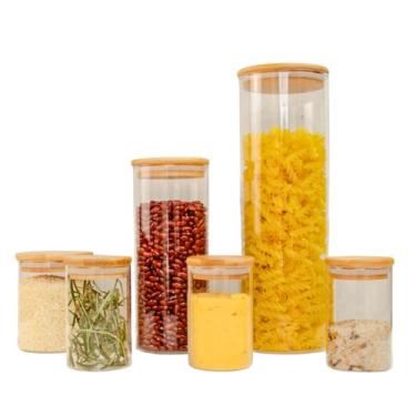 Imagem de Potes de Vidro com Tampa de Bambu Porta Mantimentos Alimentos Organização Cozinha Conjunto de 6 Potes