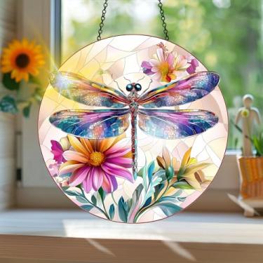 Imagem de Acrílico colorido Suncatcher, apanhador de sol estilo vitral impresso libélula com reflexos de arco-íris, decoração de janela suspensa, decoração de parede, ornamentos de Natal para uso interno e
