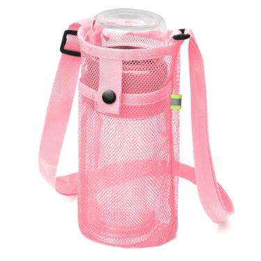 Imagem de Suporte de garrafa de água com alça de ombro ajustável bolsa de garrafa de água de malha para caminhadas, esportes e caminhadas, rosa, Rosa