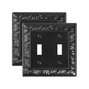 Imagem de TREEWELL Pacote com 2 placas de cobertura para interruptor de luz dupla, padrão paisley, placa decorativa de interruptor duplo, placa de parede de metal preta para tomadas elétricas, receptáculo
