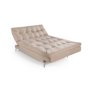 Imagem de Sofá-Cama Versátil Casal Reclinável 3 Lugares com Pés de Alumínio em Veludo Areia