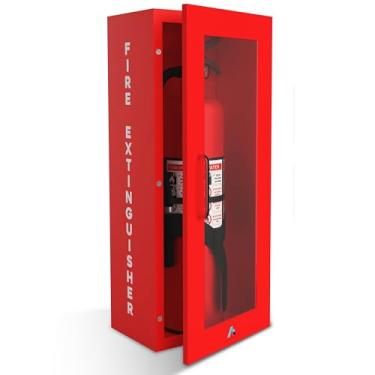 Imagem de Avicenna Innovations Armário de extintor de incêndio vermelho – Caixa de montagem em parede de aço resistente com porta magnética | para extintores de 2,3 a 4,5 kg | Inclui placa, cartões de inspeção