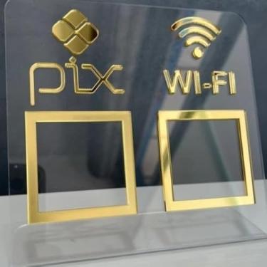 Imagem de Placa Pix Display Acrílico Mesa Balcão Pix e Wifi Expositor Qr Code(Cristal com Dourado)