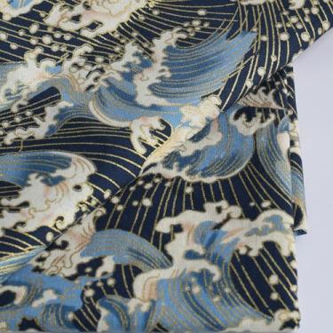 Imagem de Tecido Onda do Mar, Tecido de Algodão Azul Japonês 160 GSM Gold Hot Stamping, 150 cm de Largura para Costurar Roupa de Mesa, Toalha de Mesa, Almofada de Sofá, Faça Você Mesmo (Corte por Quintal)