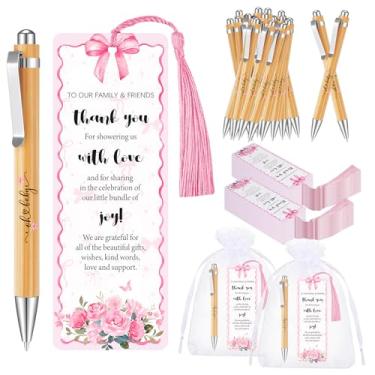 Imagem de 50 conjuntos de lembrancinhas de chá de bebê com laço rosa para convidados, marcadores de página de agradecimento, bolsas de organza para chá de bebê, lembrancinhas de festa, presentes de revelação de