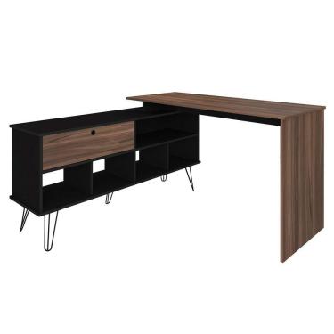 Imagem de Mesa Escrivaninha Em L Com Porta E 6 Nichos Hawaii Ipê/preto