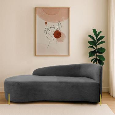 Imagem de Divã Recamier Orgânico França 140cm Lado Esq Pés Metal Dourado Linho Cinza Escuro