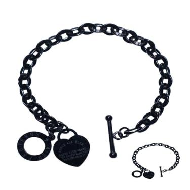 Imagem de pichuxiu Pulseira de coração preto banhado a pingente pulseira de coração para mulheres, fecho OT com escrituras, aço inoxidável, 7.1 inches, Aço inoxidável, Sem Pedra Preciosa