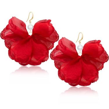 Imagem de unixmoment Brincos femininos com pingente de franja floral de tecido pérola grande boêmio feito à mão, Large, Tecido, Sem pedra preciosa