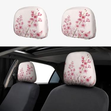 Imagem de KOSUES Capas de encosto de cabeça de carro rosa flor de cerejeira pacote com 2 capas de descanso de cabeça para assento de carro com elástico automotivo, acessórios de interior de veículos, protetor