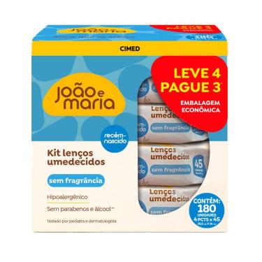 Imagem de Kit Lenço Umedecidos João e Maria Recém Nascido Sem Fragrância 4 Pacotes com 45 Unidades cada