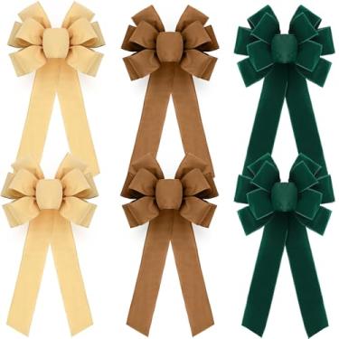 Imagem de Lenwen 6 peças grandes laços de Natal de veludo guirlanda de Natal enfeite de árvore de Natal com borda dourada grande ornamento de Natal para presente de guirlanda decoração de casa porta da frente