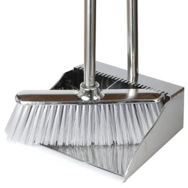 Imagem de Pá de lixo de metal com cerdas macias, vassoura e vassoura vertical de aço inoxidável resistente para varrer ambientes internos e externos, casa, cozinha, escritório, lobby, limpeza de piso de madeira