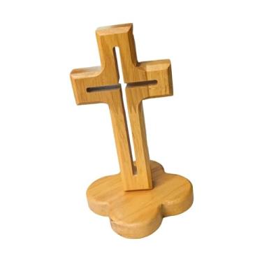 Imagem de Fenteer Cruz de mesa em madeira com suporte, modelo Jesus, presente único e elegante, decoração religiosa para mesa, casa e quarto, Base de Flor Oca