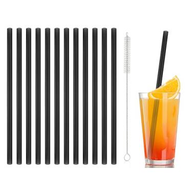 Imagem de 12 canudos de vidro reutilizáveis de 20 x 8 mm com escova de limpeza para chá, smoothies, milkshakes, sucos, bebidas (preto)