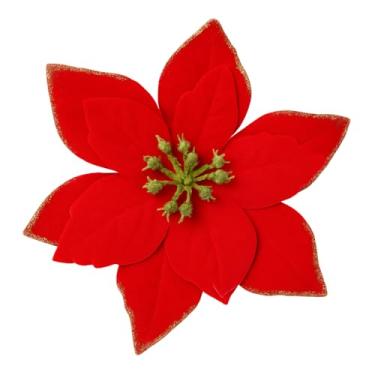 Imagem de Kit 12 Flores Decorativas Natalinas com Haste Flexível, 23 cm, Tecido Brilhante, Caule 20 cm, para Árvores de Natal Guirlandas e Vasos, Vermelho, Dourado, Prata ou Rosa (Vermelho Liso)