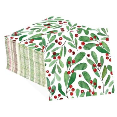 Imagem de 100 peças de guardanapos de coquetel de papel de Natal 2 camadas de visco descartáveis absorventes toalhas de mão de azevinho folhas de azevinho guardanapos de convidados para feliz Natal, inverno