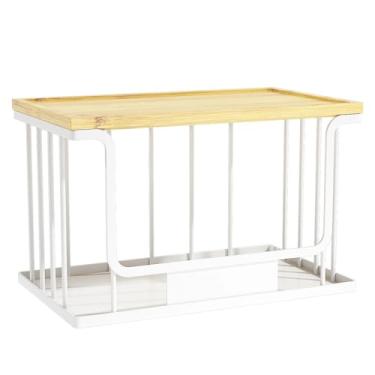 Imagem de 1 conjunto de cesta de arame com etiquetas DIY, caixas empilháveis de armazenamento de batata e cebola, organizador de despensa com topo de bambu para balcão de cozinha, armário (branco, G)