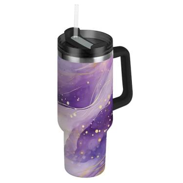 Imagem de SEHANY Copo de mármore roxo de 1,134 g com tampa e canudo, aço inoxidável de vácuo duplo isolado garrafa de água esportiva suporte para copo de café de viagem à prova de vazamento para bebida gelada