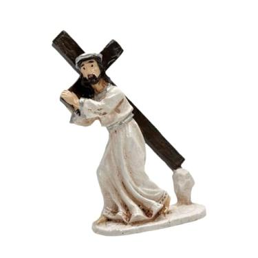 Imagem de Esquirla Estatueta de Jesus carregando a cruz em resina, estátua de Jesus com meio rosto, escultura sagrada para sala de estar, mesa, item de colecionador.