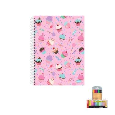 Imagem de Kit Caderno Feminino de 10 Matérias com Capa Dura 200 Folhas KBOM + Caneta Point 88 e Marca Texto Boss