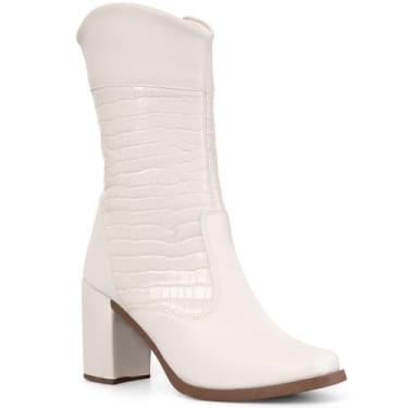 Imagem de Bota Feminina Cano Médio Salto Alto Grosso Bloco Confortável offwhite38