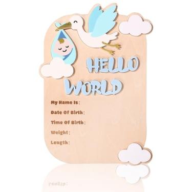 Imagem de Placa de Boas-Vindas para Recém-Nascido Olá Mundo, Decoração em Madeira com Pássaro e Nuvem Ideal para Anunciar a Chegada do Bebé a Casa No quarto do Bebé ou no Hospital