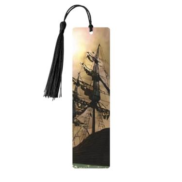 Imagem de ZERAOKE Marcadores de página personalizados de madeira com estampa de navio pirata, acessórios exclusivos para homens e mulheres, atende a todas as necessidades dos amantes de livros, preto