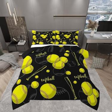 Imagem de Conjunto de edredom esportivo de softball, 3D, tamanho casal, preto e branco, para adultos e adolescentes, conjunto de edredom de luxo com morcego de softball, decoração de quarto, 3 peças