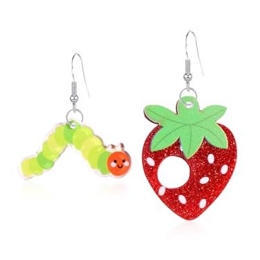 Imagem de Seakuur Brincos pendentes femininos de acrílico comendo lagarta morango cereja assimétrico fofo divertido fruta animal brincos comida tema inseto novidade joias, Large, Acrílico, Sem pedra preciosa