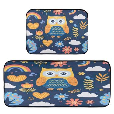 Imagem de Wassud Tapetes de cozinha de coruja de desenho animado para o chão, decoração de casa, tapetes de cozinha acolchoados, antifadiga, tapetes de cozinha, antiderrapante, lavável, itens essenciais