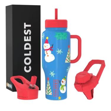 Imagem de Copo Coldest com alça e canudo, copo isolado 100% à prova de vazamento com tampa e canudo (3 tampas), copos de aço inoxidável para mulheres e homens, base compatível com porta-copos, 1,020 g (Sr